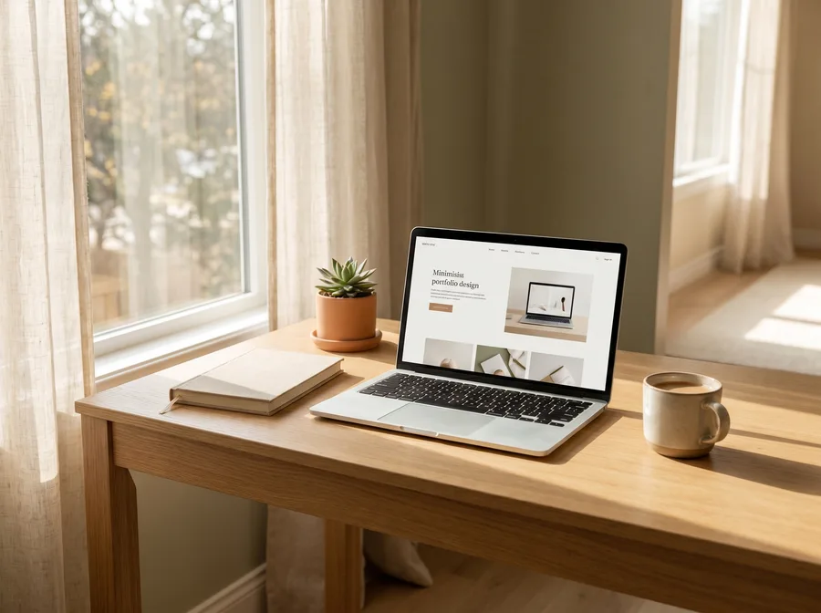 A laptop on a sunlit wooden desk showing a clean website design
