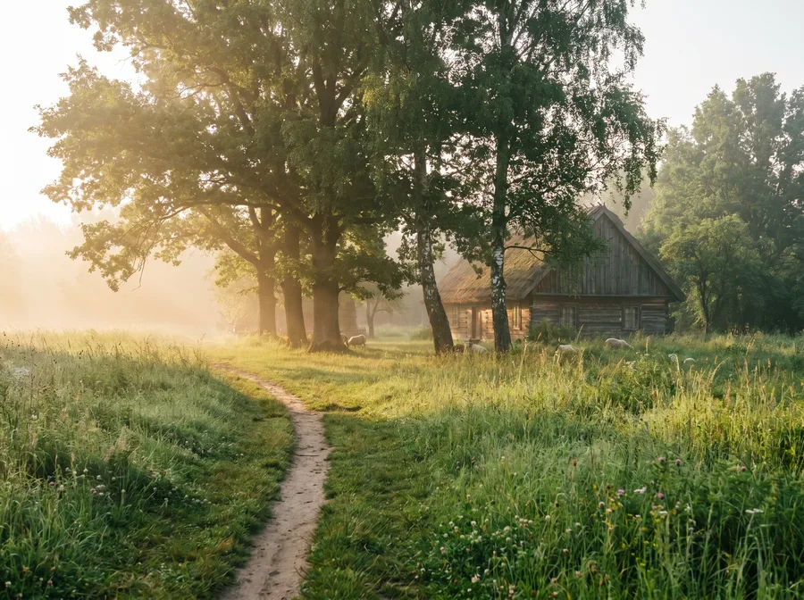 A misty meadow and a wooden cabin in the rural Polish countryside at dawn