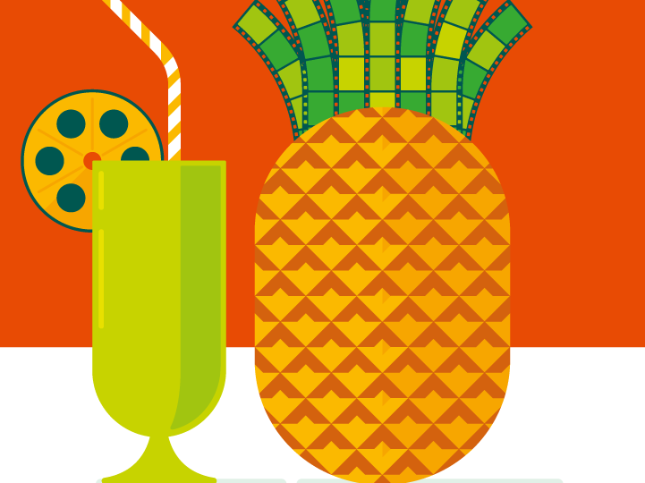 Pineapple with film-strip leaves and a green cocktail — open-air cinema artwork
